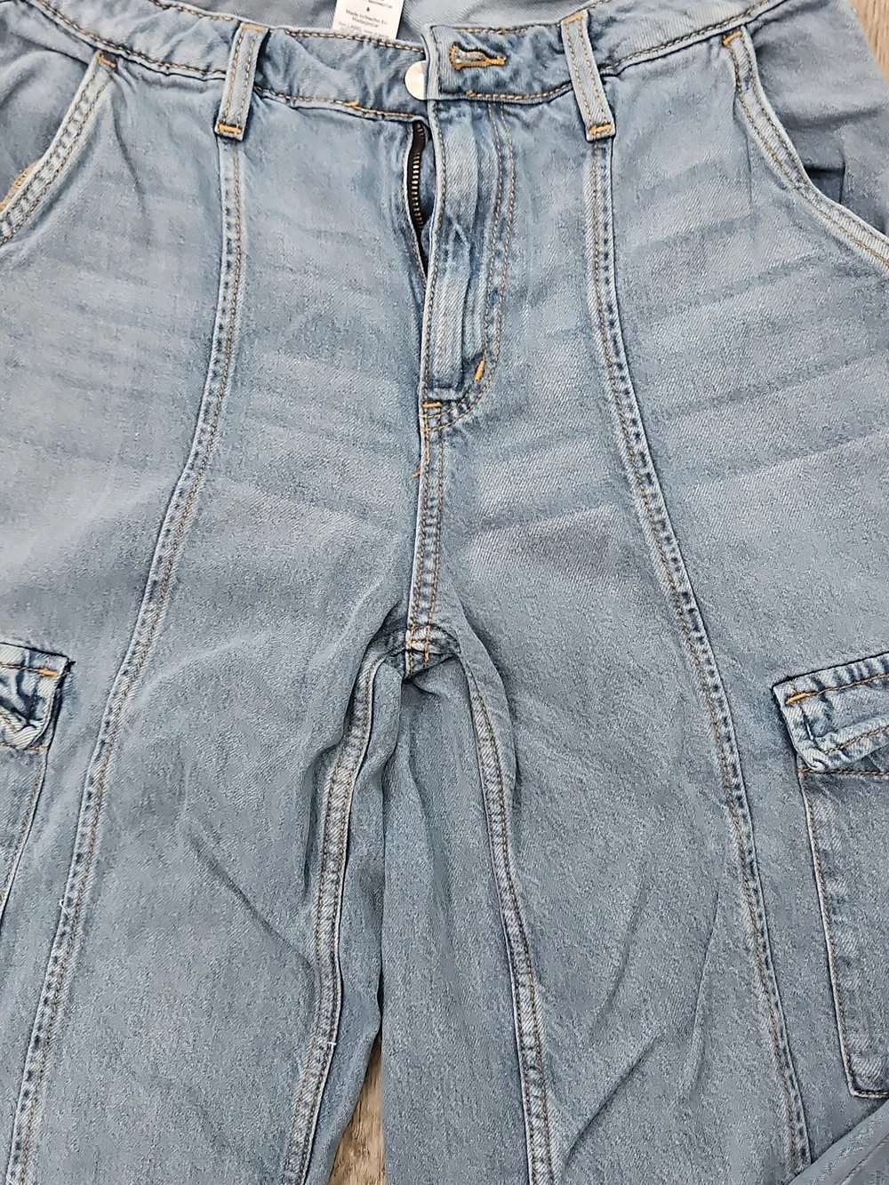 Light Wash Denim Cargo Jeans Slitted Bottom - Picture 3 of 6
